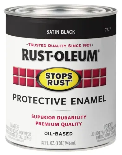 Rust-Oleum Protective Enamel paint can in black satin finish
