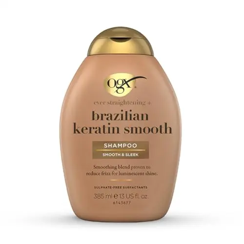 OGX Brazilian Keratin Therapy Shampoo bottle with brown liquid and gold cap
