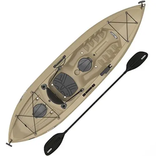 Lifetime Muskie Angler kayak with paddle on a lake