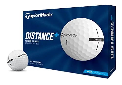 TaylorMade Distance+ golf balls in bright white packaging