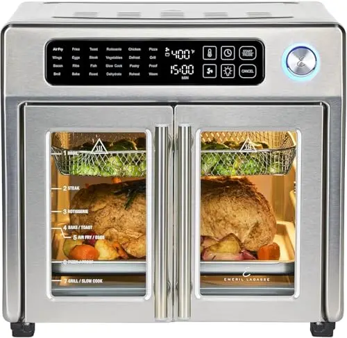 Emeril Lagasse French Door Air Fryer Oven with chicken wings inside