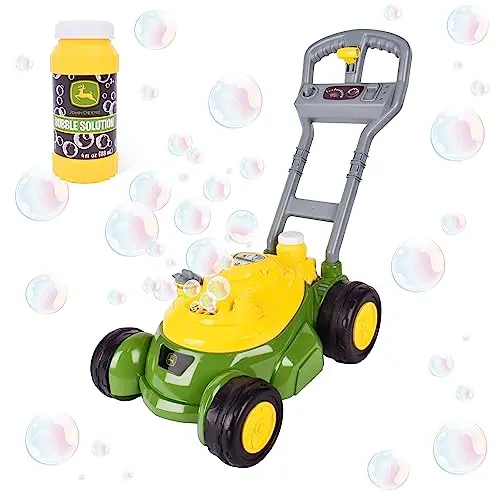 John Deere bubble lawn mower for toddlers blowing bubbles outdoors