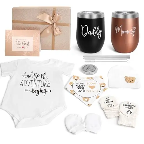 New Mom Gifts basket with tumblers and baby essentials