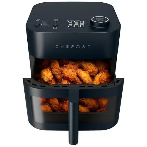 Chefman Crispinator Air Fryer with viewing window showing chicken wings