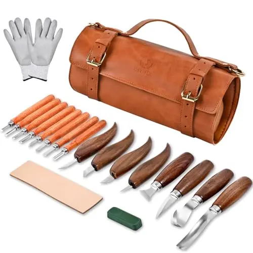 IMYMEE 21-piece wood carving tool set with leather storage