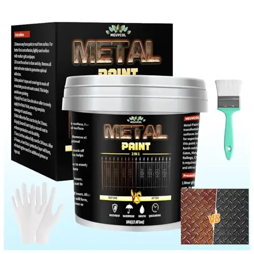 Meuvcol Metal Paint can in black matte finish with brush and gloves